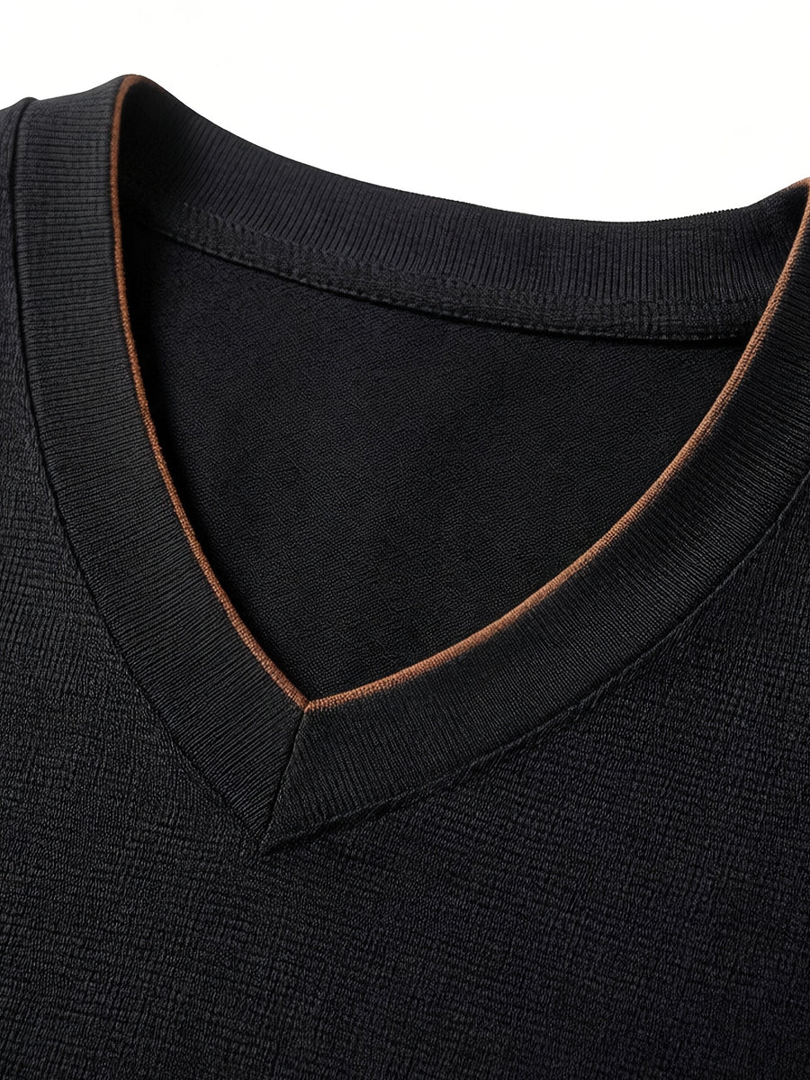 Men'S Summer Short-Sleeved T-Shirt, V-Neck Color-Blocking Details, a Slightly Slim Fit That Conforms to The Body, Showing Neat Lines Without Being Tight, Suitable for Daily Leisure/Weekend Travel Scenarios, And Light Social Scenarios - Black