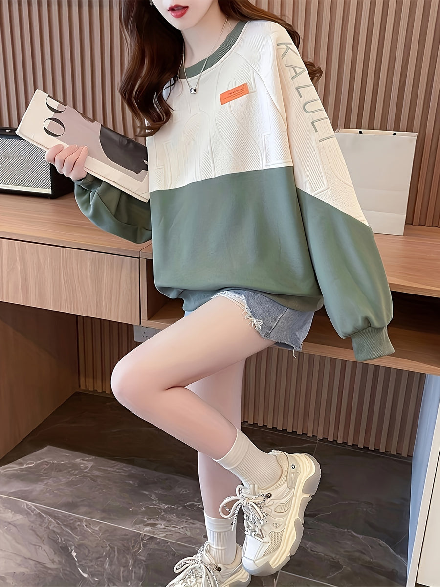 Spring/Autumn New Contrast Round Neck Textured Appliqué Letter Embroidered Sweatshirt Women'S - Green