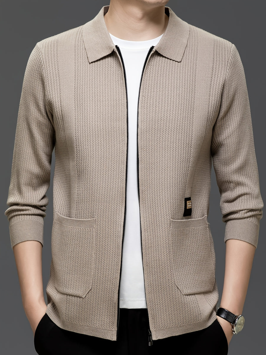 Du Jing Lan OBM Spring/Autumn New Arrival Men's Knitted Cardigan, Old Money Style Solid Color Striped Zipper Front Lapel Knit Cardigan, Men's Business Casual Fashion Zipper Front Knit Cardigan Top, Suitable for Spring, Autumn, and Winter - Khaki