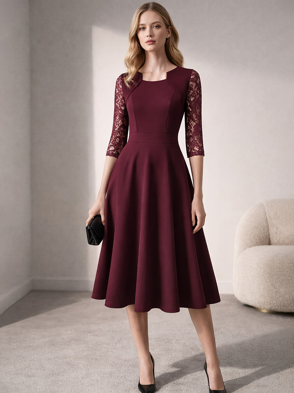 Women'S Fashion Vintage Square Neck Floral Lace Party Swing Dress - Burgundy