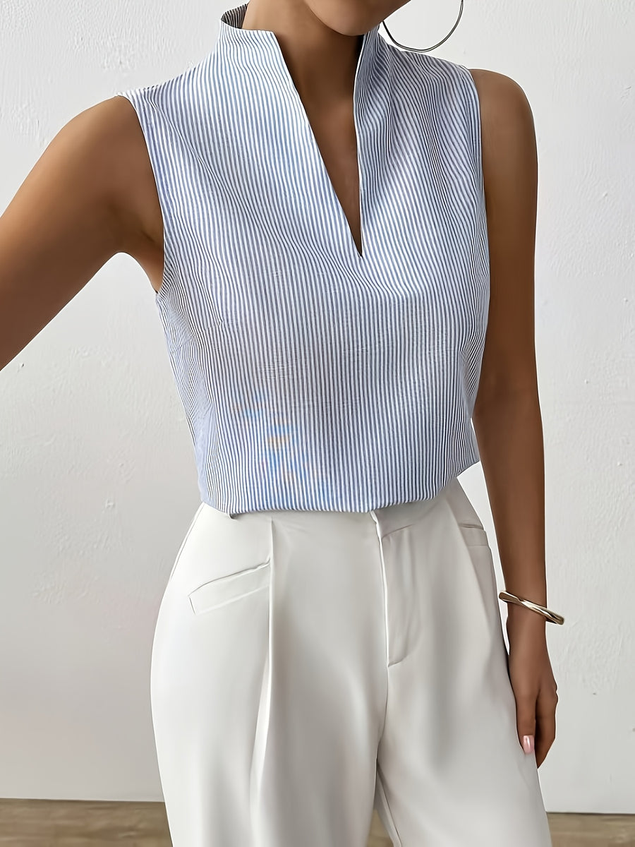 Women's Striped V-Neck Sleeveless Pullover Fashion Vest Blue Shirt for Summer - Sky Blue