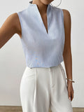 Women's Striped V-Neck Sleeveless Pullover Fashion Vest Blue Shirt for Summer - Sky Blue