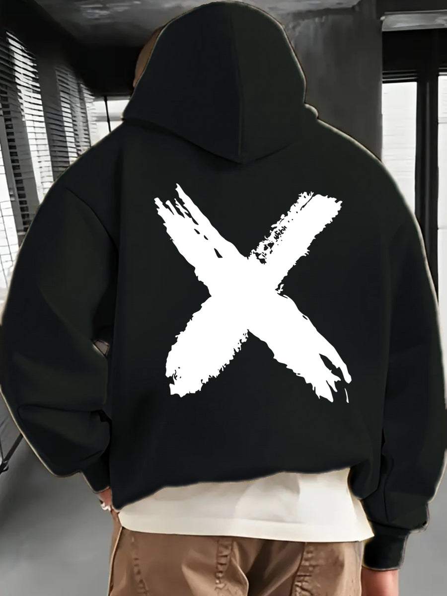 Men's Fashionable Hoodie, Loose-fit Casual Top with "X" Letter Print, Long-sleeve Sweatshirt Featuring a Kangaroo Pocket, Made of Casual Polyester Knit Fabric, Machine Washable, Suitable for Outdoor Casual Wear - Black