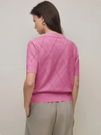 Women's Collar Rhombus Pattern Short Sleeve Top, Versatile Commuter Style for Spring and Summer - Pink Color