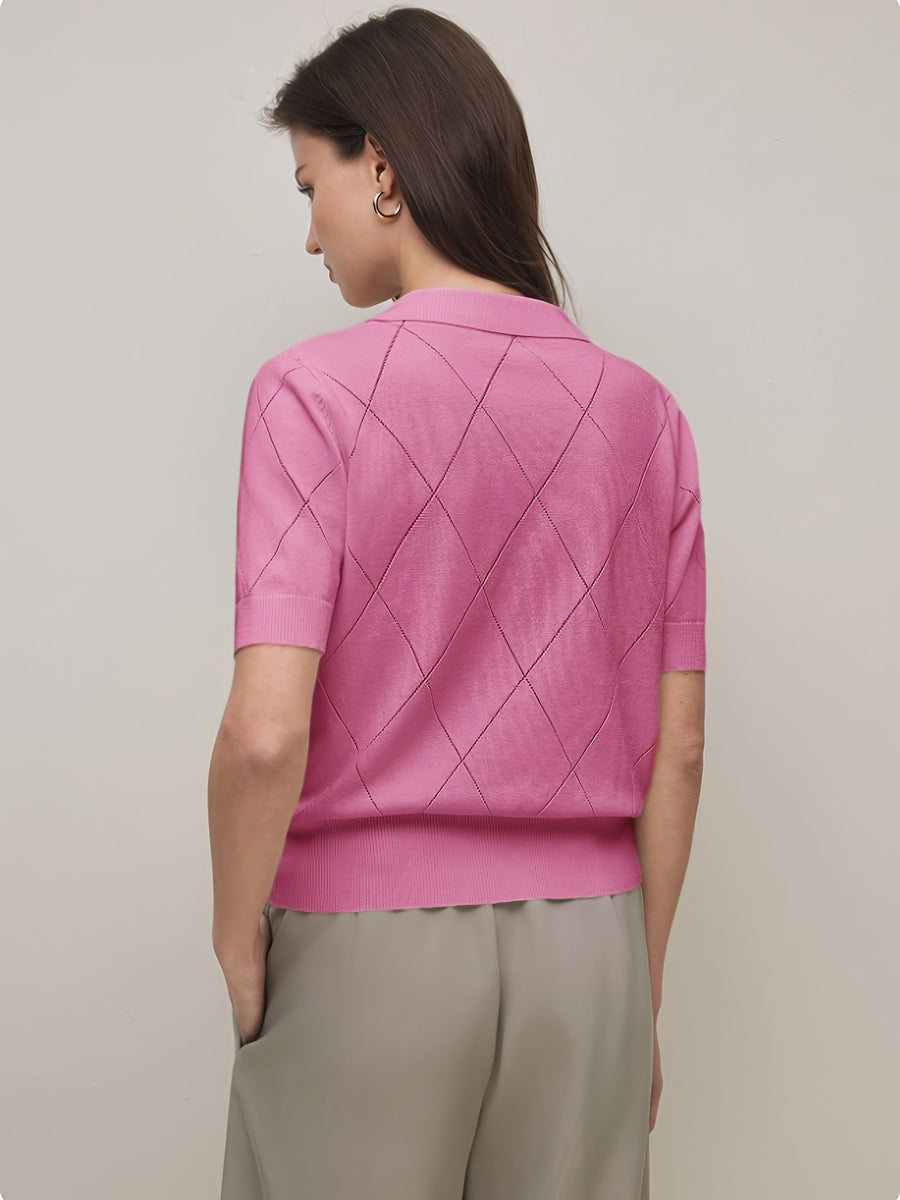 Women's Collar Rhombus Pattern Short Sleeve Top, Versatile Commuter Style for Spring and Summer - Pink Color