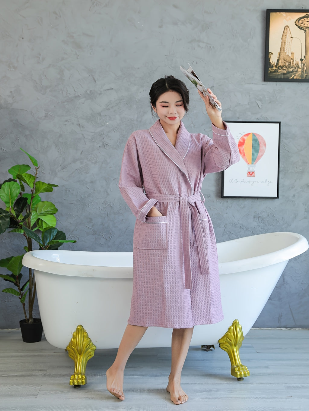 Hotel Pure Thickened Waffle Style Couple Bathrobe, High-End Sleeping Robe, Absorbent Quick Drying Yukata, Men'S And Women'S Sleeping Robe, Homestay Beauty SPA Yukata - Light Purple