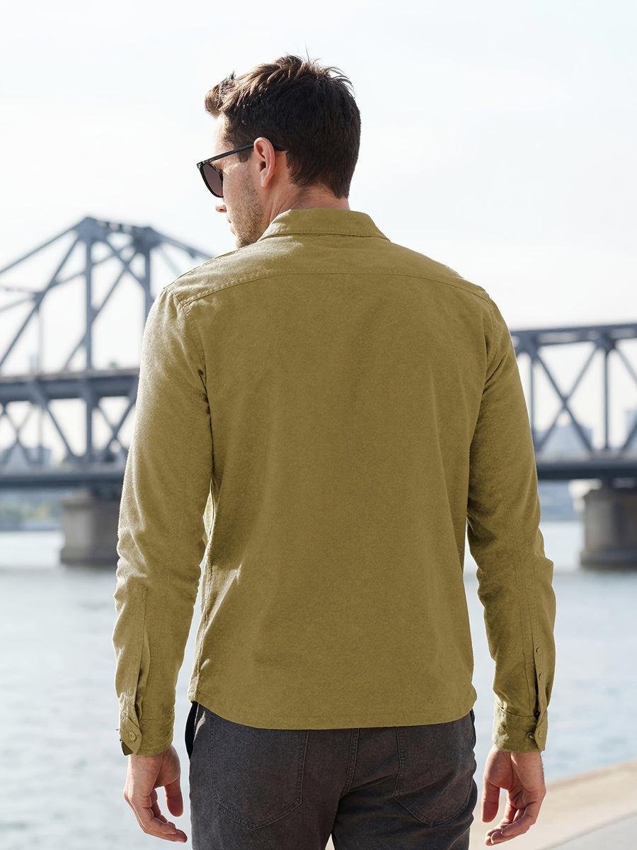 Men's Solid-color Work Shirt with Double Pockets, Lapel Long-sleeve Button-up Shirt, Loose Plus-size Casual Jacket Shirt, Loose-fit Basic Daily Top for Daily Wear and Outdoor Activities - Olive Green