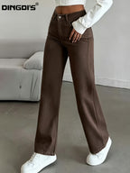 Ladie's 2026 New Stretch Straight-leg Jeans, High-waisted and Cinched Denim Long Pants, 90s Women's Clothing, Washed Solid-color Business Casual Pants with Pockets, Suitable for Travel, Shopping, and All-season Denim Pants - Coffee Color