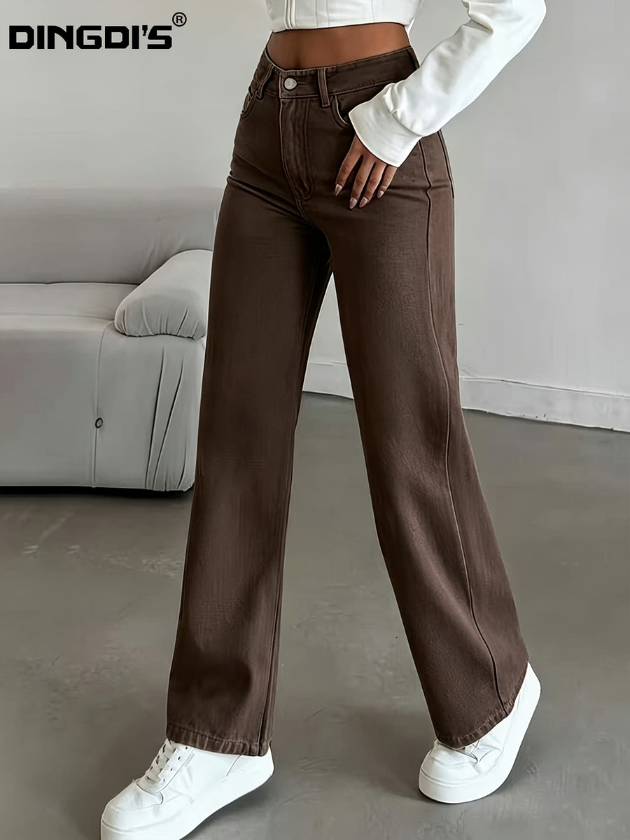 Ladie's 2026 New Stretch Straight-leg Jeans, High-waisted and Cinched Denim Long Pants, 90s Women's Clothing, Washed Solid-color Business Casual Pants with Pockets, Suitable for Travel, Shopping, and All-season Denim Pants - Coffee Color