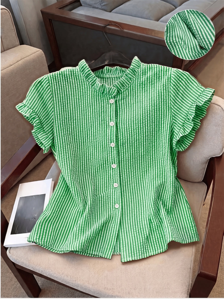 Women's Ruffle Collar Short Sleeve Single-Breasted Striped Shirt, Summer - Emerald Green