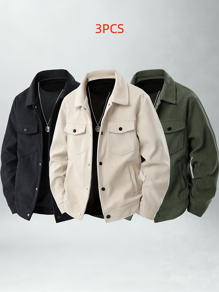 Casual Corduroy Work Jacket 3pcs Set Youth Daily Outing Lapel Top - Apricot + Black + Army Green