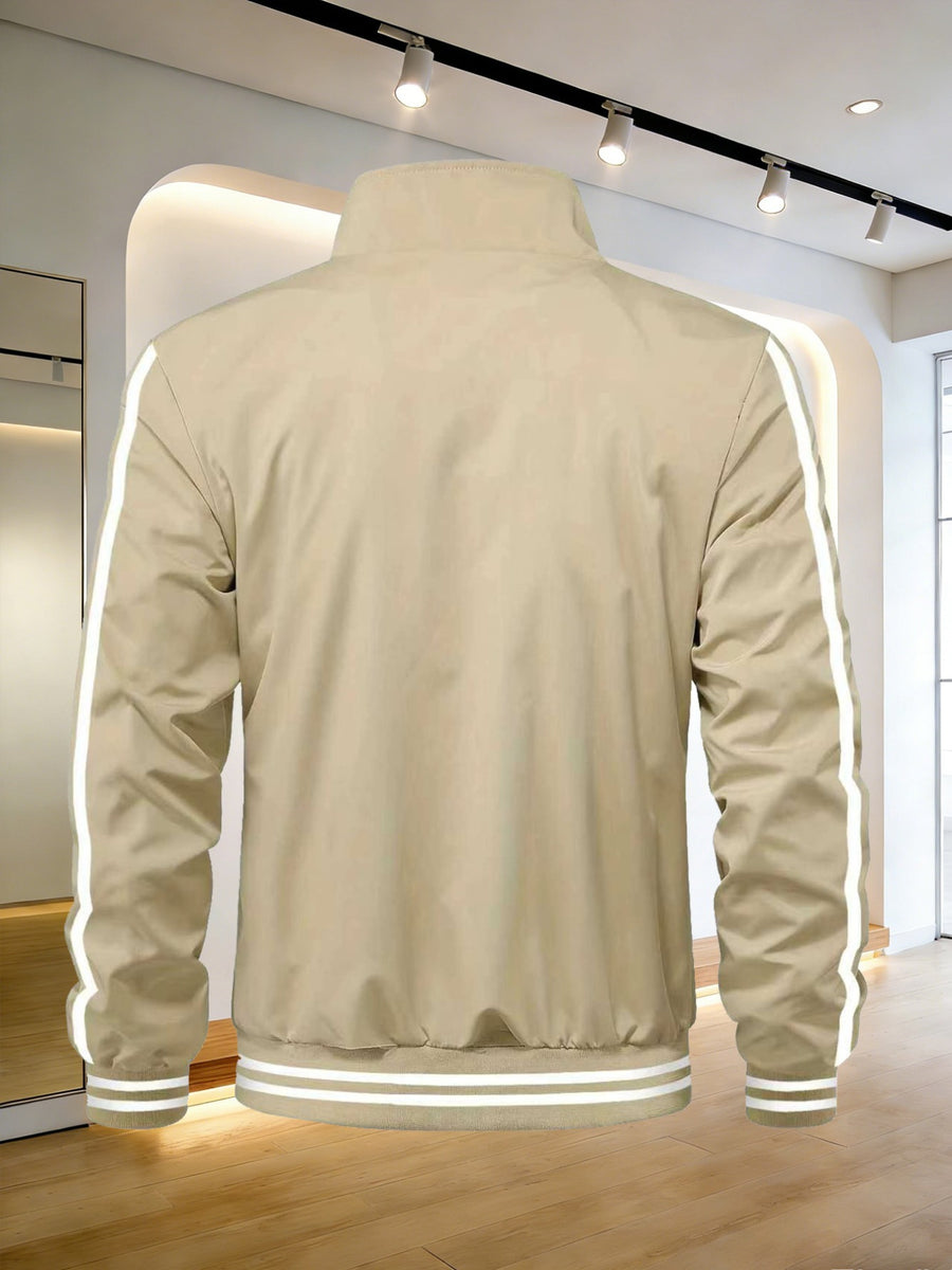 Men's Spring/Autumn Stand Collar Baseball Jacket with "BLACK" Lettering and Diamond Pattern Print, Zipper Front with Contrast Stripes, Lightweight Casual Windproof Sports Jacket - Khaki