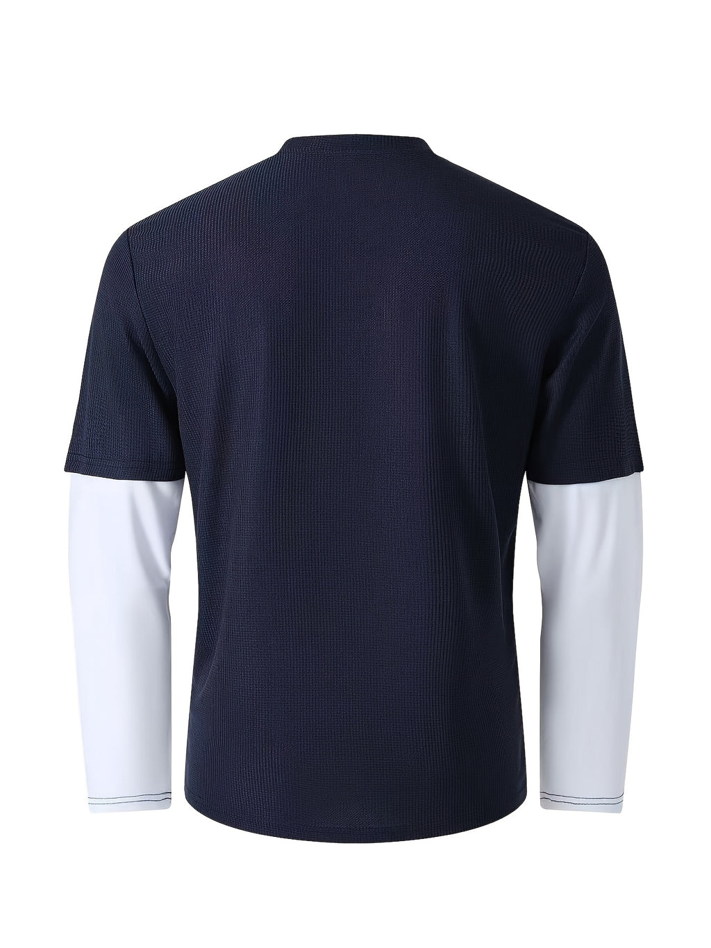 Spring/Autumn Men's Waffle Knit Henley Neck T-Shirt 2-in-1 Look Black and White Color Block Loose Long Sleeve Top - Navy Color