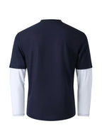 Spring/Autumn Men's Waffle Knit Henley Neck T-Shirt 2-in-1 Look Black and White Color Block Loose Long Sleeve Top - Navy Color