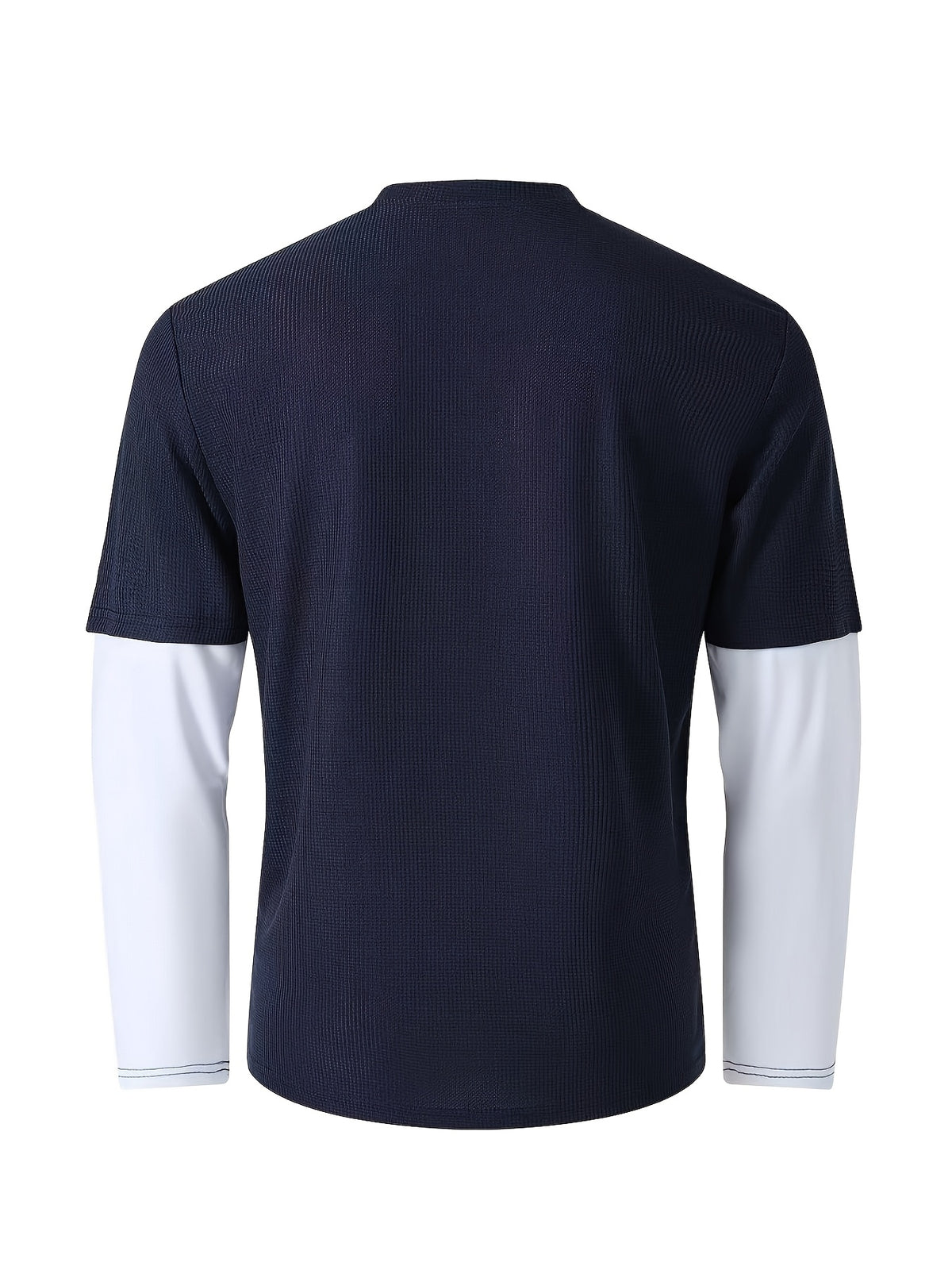 Spring/Autumn Men's Waffle Knit Henley Neck T-Shirt 2-in-1 Look Black and White Color Block Loose Long Sleeve Top - Navy Color