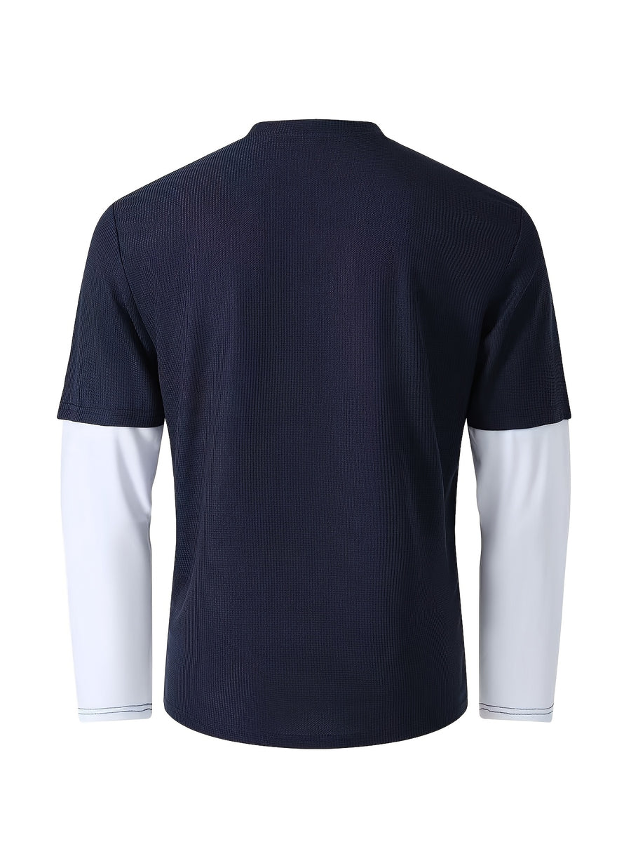 Spring/Autumn Men's Waffle Knit Henley Neck T-Shirt 2-in-1 Look Black and White Color Block Loose Long Sleeve Top - Navy Color
