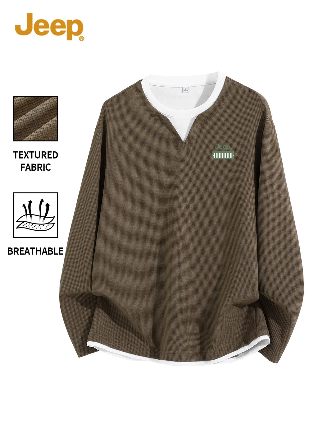 JEEP Men'S Printed Waffle Knit Long Sleeve T-Shirt for Spring And Autumn - Coffee