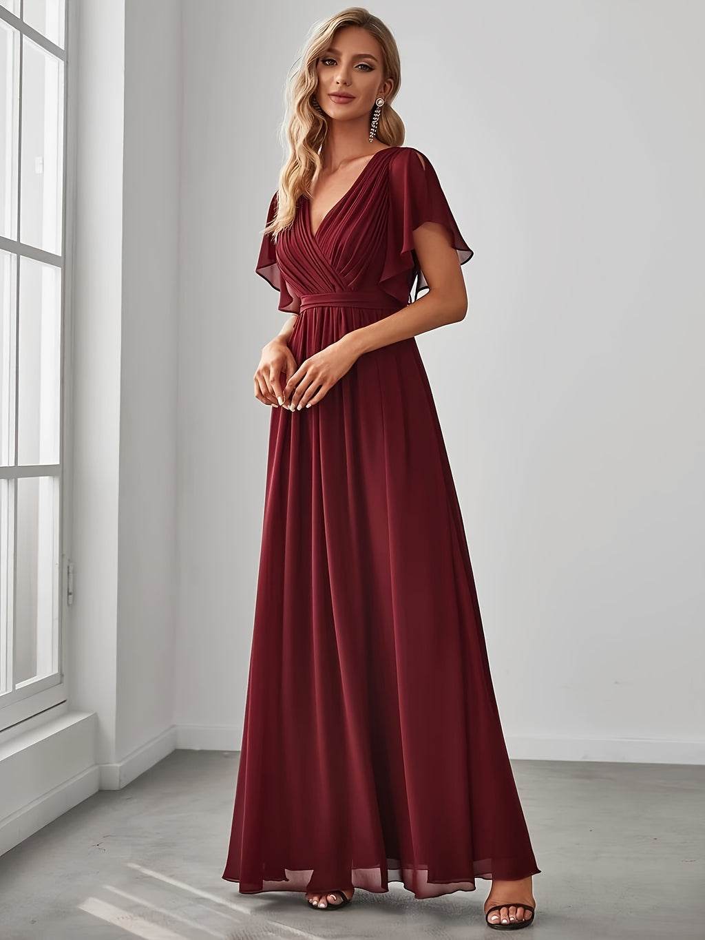 Burgundy Eternal Beauty Chiffon Cami Wedding Dress, Slit And Ruched Butterfly Sleeves, Back Tie-Up - Deep Red