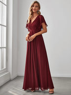 Burgundy Eternal Beauty Chiffon Cami Wedding Dress, Slit And Ruched Butterfly Sleeves, Back Tie-Up - Deep Red