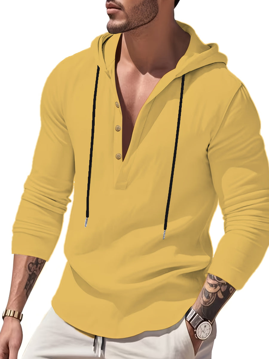 Spring Summer Men'S Linen Color-Block Drawstring Hooded Half-Button Retro Button Long Sleeve Henley Shirt Cuffs Can Be Rolled Loose Thin Breathable Pullover Top Beach Vacation All-Match Men'S Casual Vacation Long Sleeve Top - Yellow
