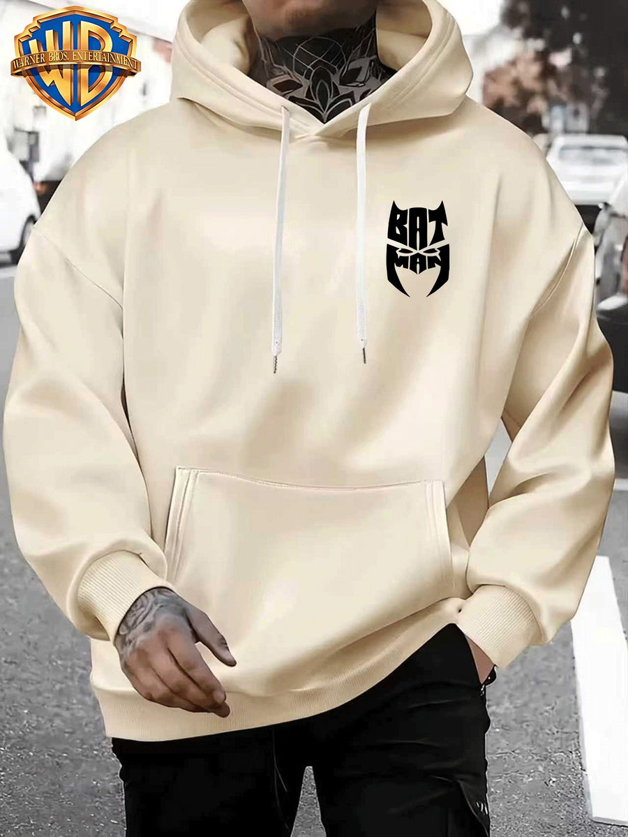 Casual Sporty Loose Hooded Sweatshirt, Retro Batman Comic Patchwork Cartoon Print, Men'S Casual All-Match Adjustable Drawstring Hoodie Comfortable Casual Autumn Winter Wear, for Sports, Outdoors, Picnics, Travel, Daily Home Wear - Apricot