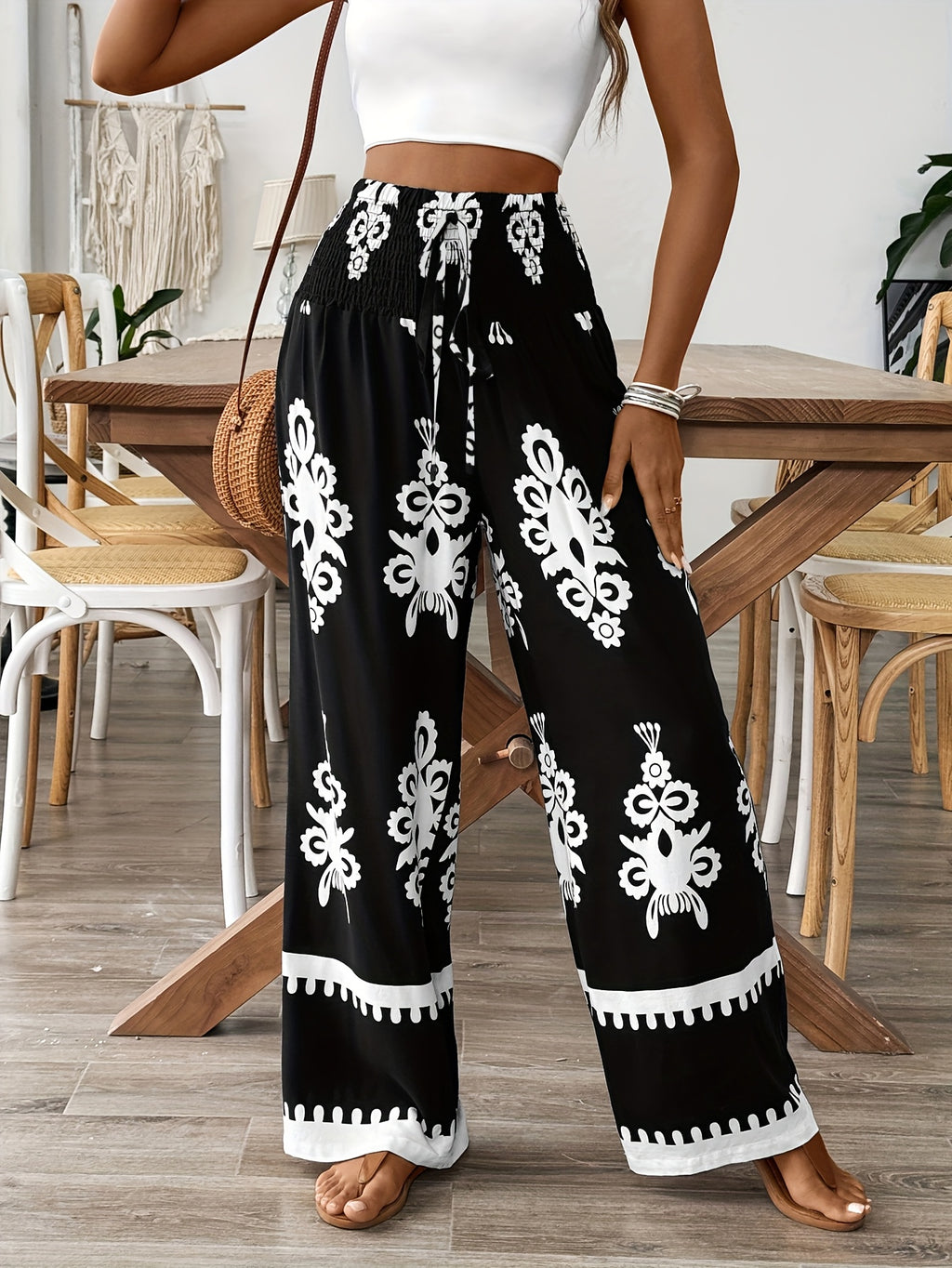 Floral Waist-Tie Fashion Casual Printed Pants, Women's Long Wide-Leg Trousers - Black