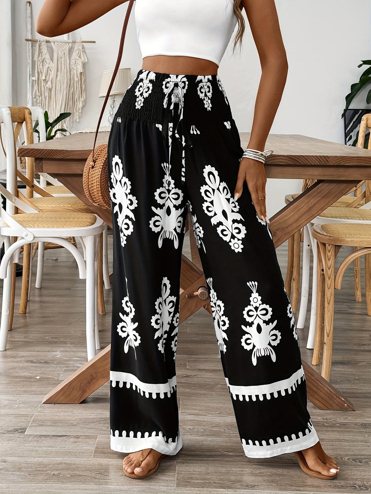 Floral Waist-Tie Fashion Casual Printed Pants, Women's Long Wide-Leg Trousers - Black
