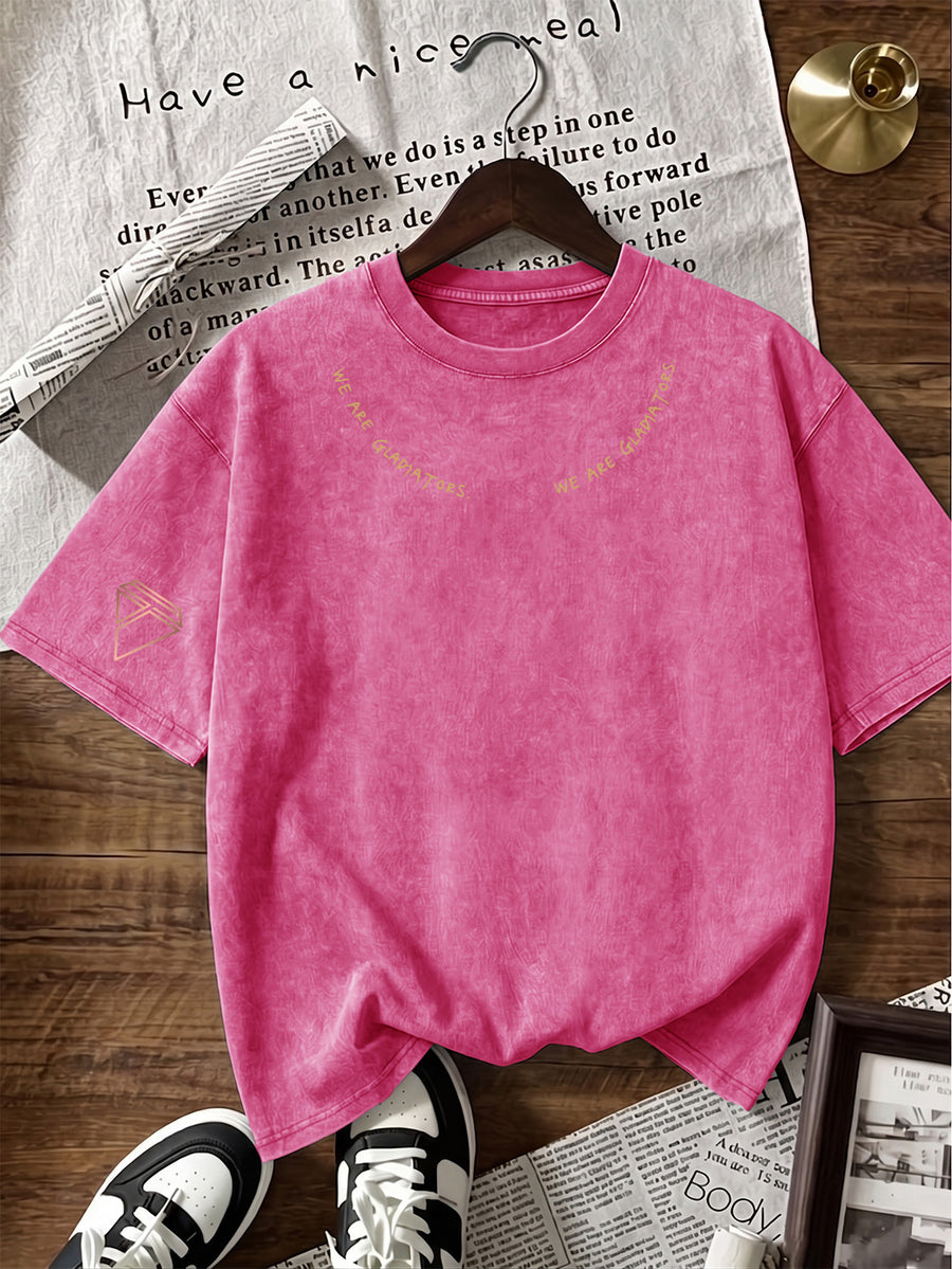 Short Sleeve T-Shirt Men'S Loose Washed Distressed Top Arched Text Triangle Geometric Trendy Print Multi-Color Casual Matching American Street High Street Hip-Hop Couple Style Short Sleeve Daily Outing Commuting Sports Fitness Street Style Y2K Top - Rose Red