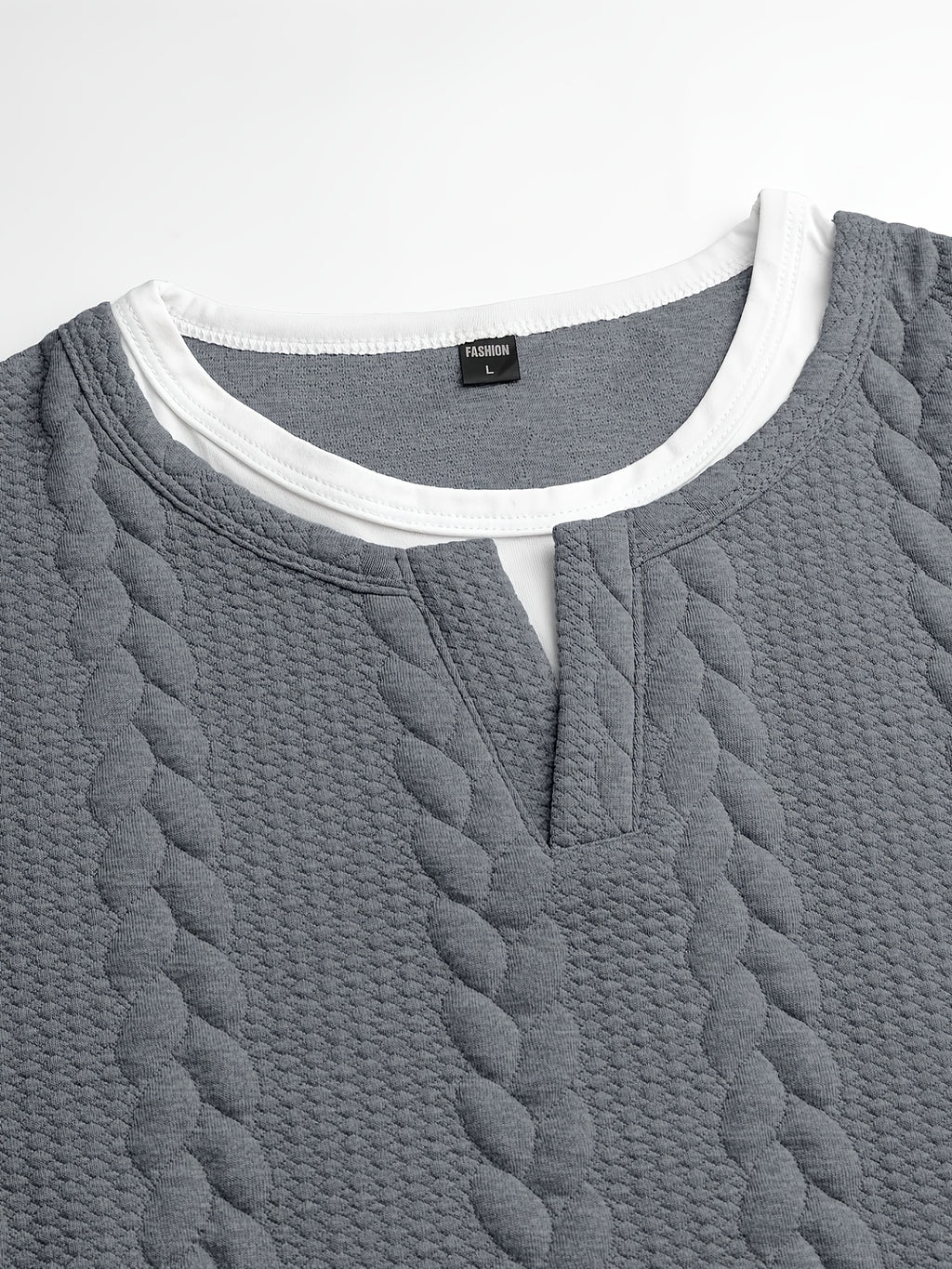 Summer Vintage Vertical Stripe Twisted Cable Embossed Men's Short Sleeve Double-Layer 2-in-1 Look Layered Design Henley Collar T-Shirt, Breathable Textured Versatile Top for Daily Commuting - Dark Gray