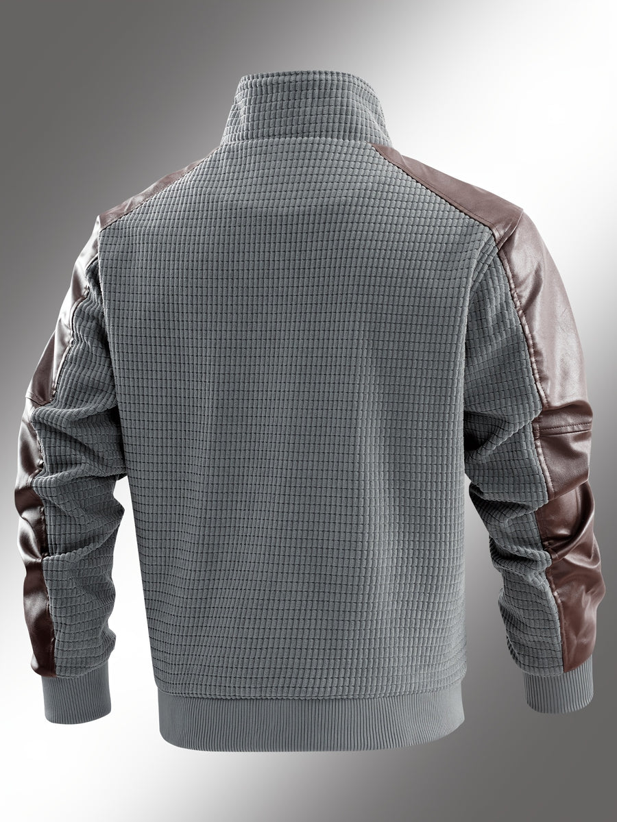 Vintage Textured Patchwork Jacket for Men, Stand Collar Zipper Versatile Men's Spring and Autumn Casual Top; Waffle Men's Baseball Jacket, Suitable for Daily Work Scenes. - Grey