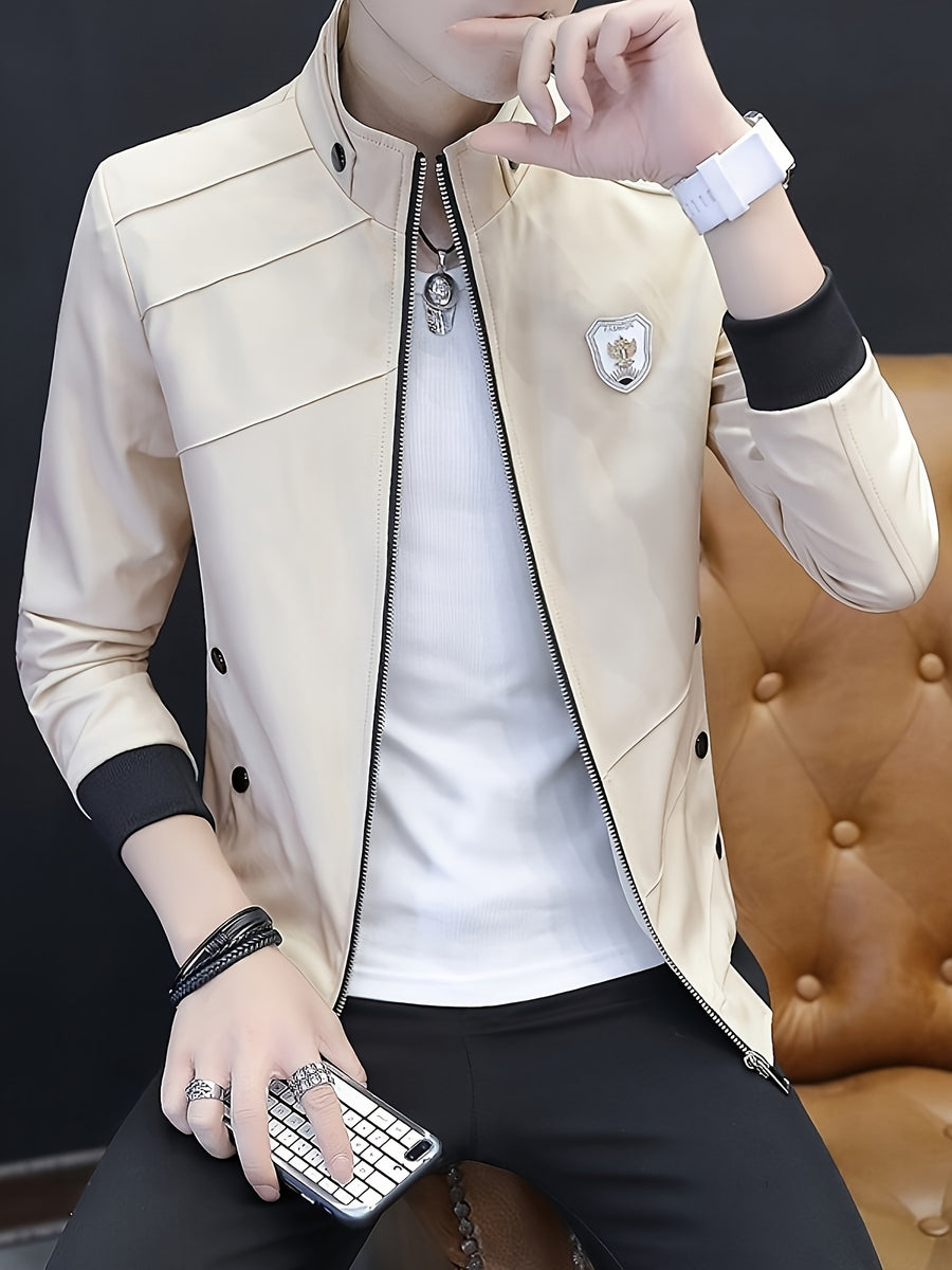 Men's Slim-Fit Stand Collar Jacket - Elegant Beige Polyester with Black Accents, Casual Business Style for Spring and Fall, Stylish Layering Piece | Zipper Closure Jacket | Tailored Fit - 10602 Badge - 888 Khaki