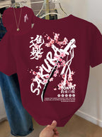 Women's Samurai Sword Print T-Shirt - Cherry Blossom & Katana Design Short Sleeve Round Neck -Compatible Fit Suitable for Spring Summer Fall Casual Wear, Machine Washable -Themed Outfits - Burgundy