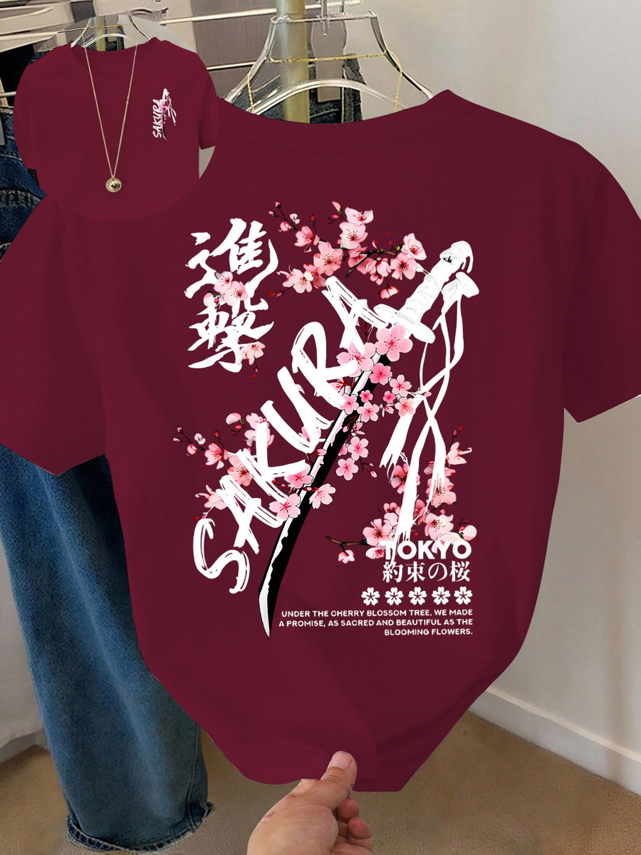 Women's Samurai Sword Print T-Shirt - Cherry Blossom & Katana Design Short Sleeve Round Neck -Compatible Fit Suitable for Spring Summer Fall Casual Wear, Machine Washable -Themed Outfits - Burgundy