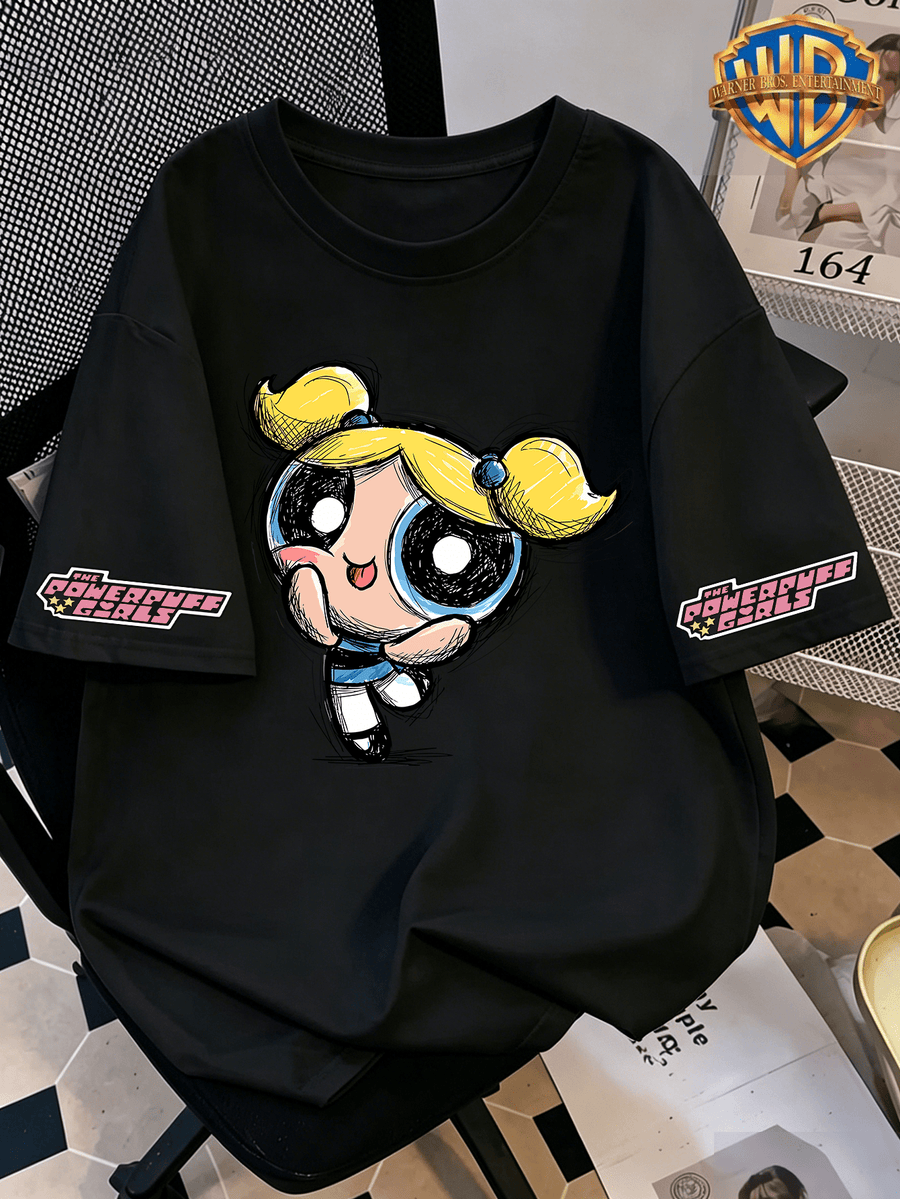 Authorized by Warner, Powerpuff Bubble Sketch Graffiti Q Graphic Printed Women'S T-Shirt, Women'S Fashion Short Sleeve T-Shirt, Daily Leisure And Travel Short Sleeve T-Shirt, Women'S Clothing, The Most Appropriate Gift Choice - Black