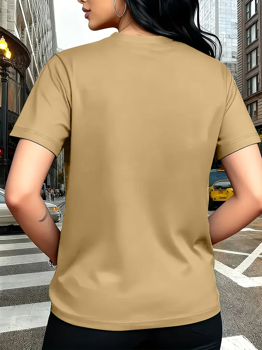 Color Series - Multicolor Light And Dark Gradient Easy Fresh Style Rose Pattern Printed T-Shirt, Casual Outing Wear, Single Wear Or Layered with Jacket, Multi-Layered, Suitable for Travel Vacation, Casual, Free And Unrestrained, Sister Outfit - Khaki