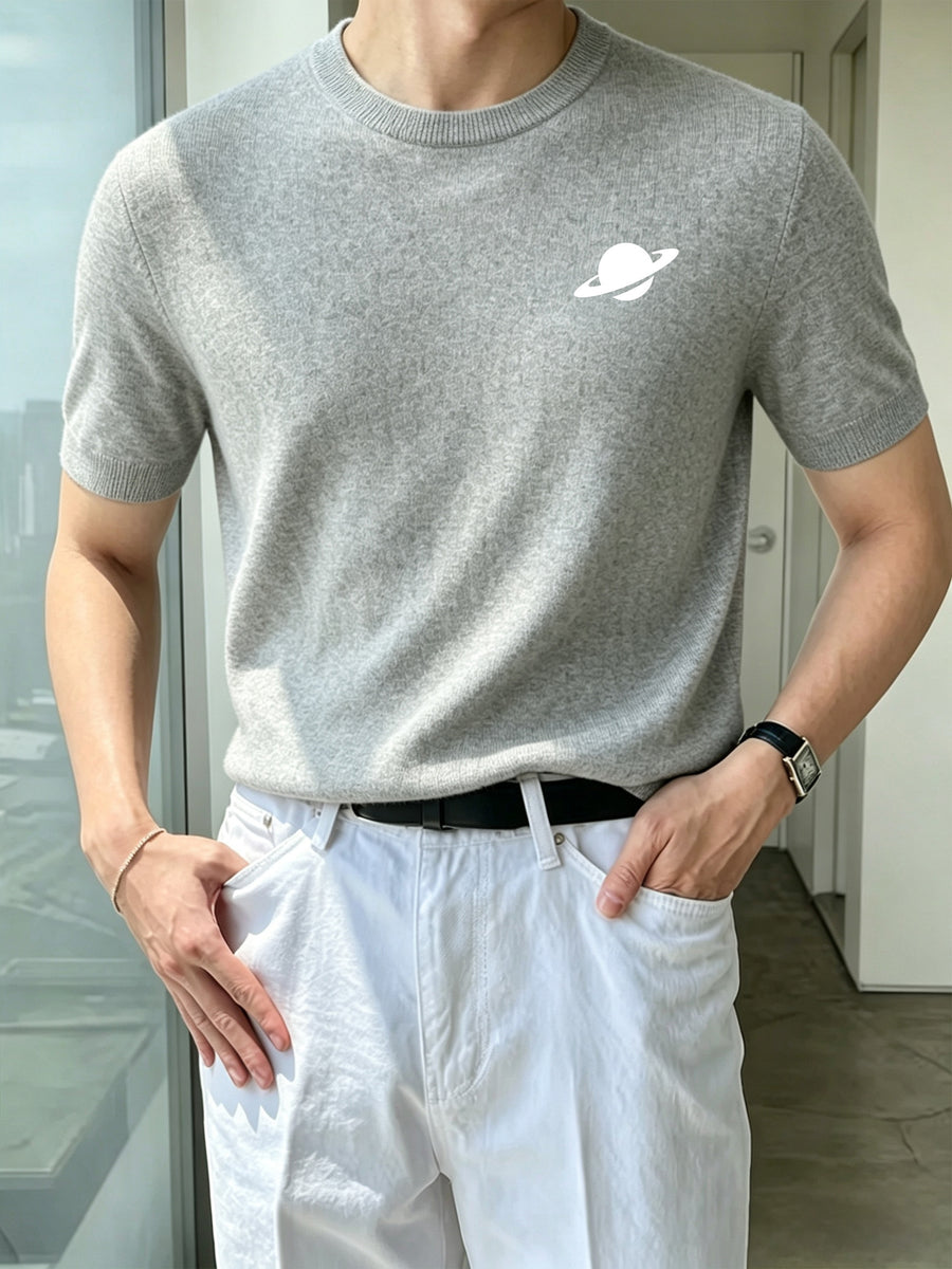Men'S Round Neck Short Sleeve Knit Sweater Planet Easy Casual Base Layer Top - Grey