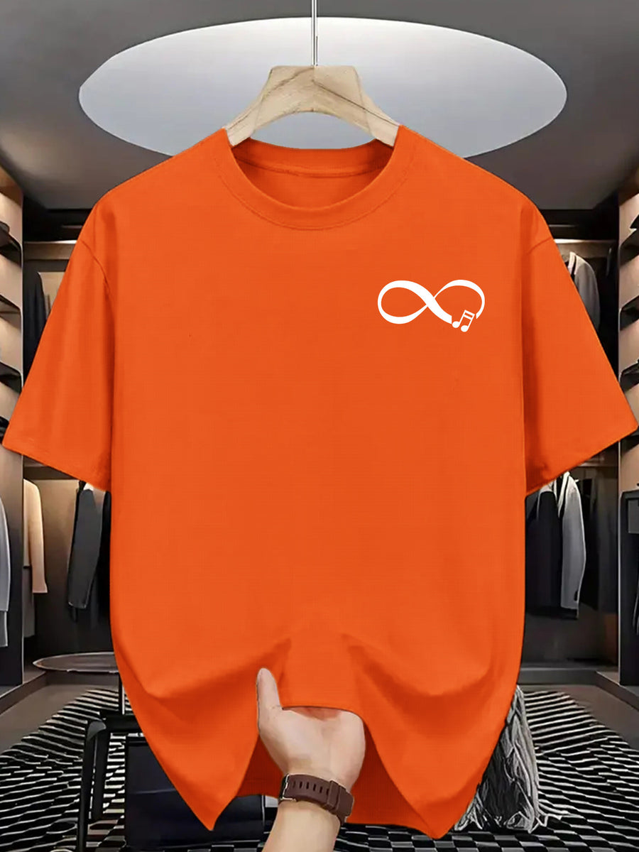 Men'S Casual Summer T-Shirt with Stylish Infinity Symbol & Heartbeat Print - Breathable Polyester, Crew Neck, Short Sleeve, Regular Fit - Perfect for Casual Attire - Orange