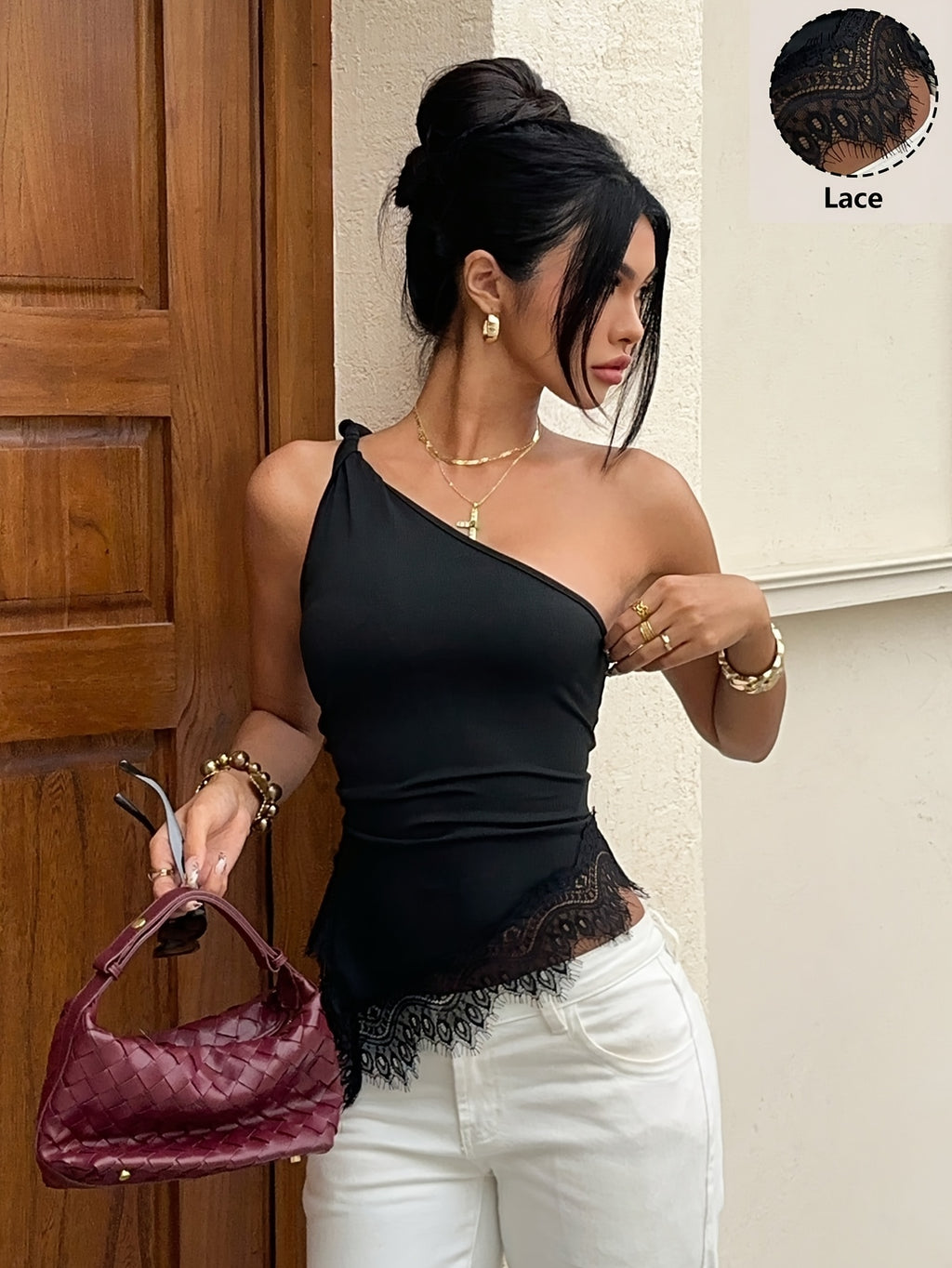 Black One-Shoulder Slant Collar Lace Hem Vest ZLLZ - Black