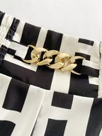 Women's New High-Waist Geometric Print Wide-Leg Pants with Metal Buckle Belt - Mixed colors