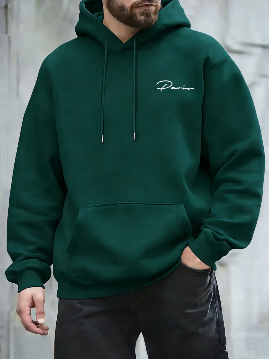 Retro Minimalist Cursive Small Print Men'S Hooded Sweatshirt Kangaroo Pocket Drawstring Hoodie Versatile Trendy Top - Dark Green