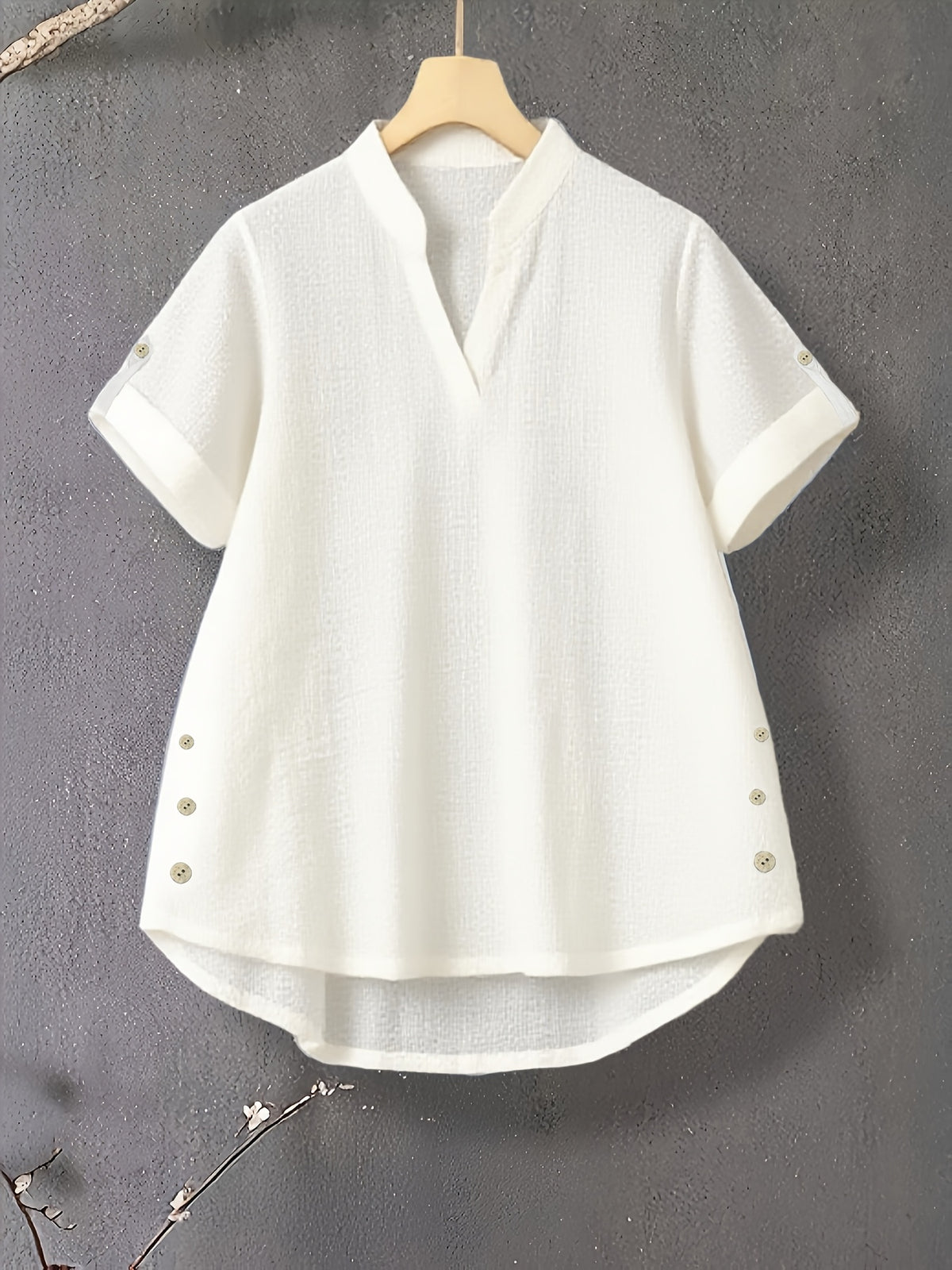 New V-neck Button-detail Short-sleeve Top with Elastic Waist and Side Slant Pockets Women's Set - White