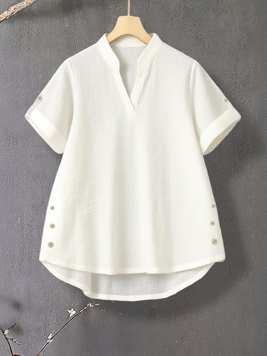 New V-neck Button-detail Short-sleeve Top with Elastic Waist and Side Slant Pockets Women's Set - White