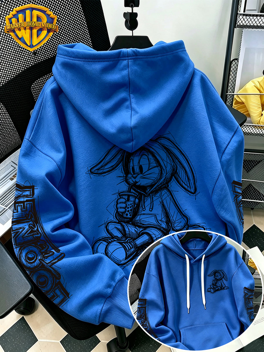 [Warner Bros] Licensed Men'S New Trendy Hoodie Sitting Drinking Milk Tea Rabbit Pattern Print Casual Hoodie, Daily Drawstring Loose Pullover Top, Machine Washable All-Match Sports Casual Men'S Top - Blue