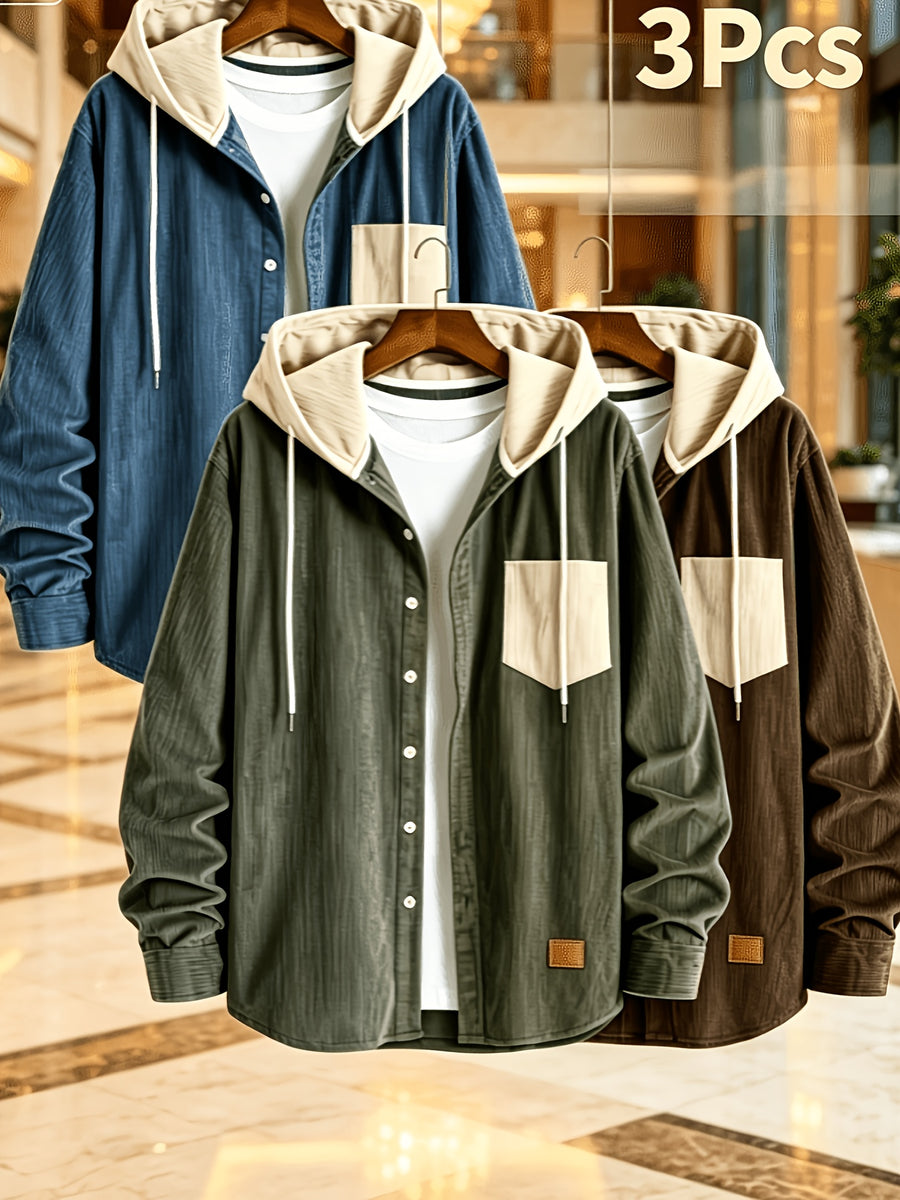 Men'S Fashion Corduroy Hooded Long Sleeve Shirt, Men'S Casual 3pcs Set Hooded Top Shirt - Blue Plus Green Plus Brown