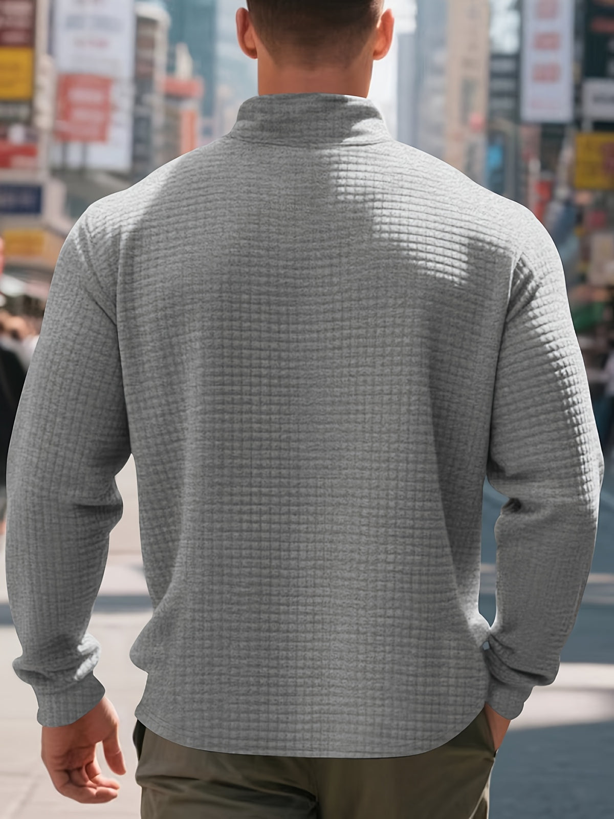 Men'S Four-Season Minimalist Casual Loose Jacquard Stand Collar Half-Zip Base Sweatshirt - Light Grey