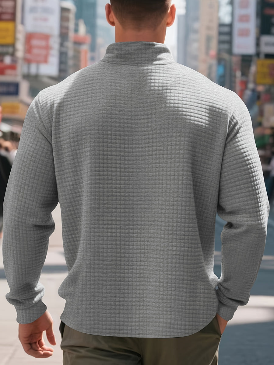 Men'S Four-Season Minimalist Casual Loose Jacquard Stand Collar Half-Zip Base Sweatshirt - Light Grey