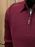 Men's Thickened Lapel Half-Zip Pullover Long-Sleeve Sweater with Ribbed Cuffs and Hem, Autumn/Winter Style, Suitable for Layering or Wearing Alone, Business Casual Style - Burgundy
