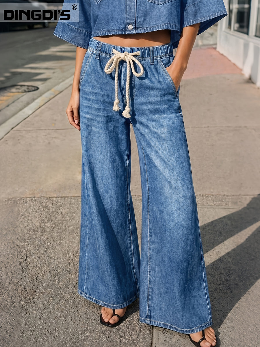 Women's New Wide-leg Jeans, Drawstring Loose Straight-leg Jeans, Elastic Waist Washed Denim Casual Pants, Suitable for All Seasons with Pockets, Comfortable Denim Pants Suitable for Travel, Work and Office Wear - Medium Blue