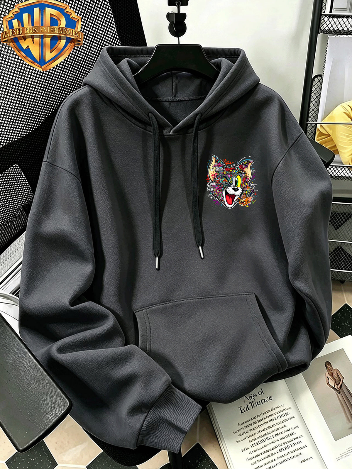 Autumn Winter Trendy Fashion Drawstring Pocket Hooded Men'S Sweatshirt, Multi-Color Graffiti Fun Cool Classic Mouse Cat Head Cartoon Print Design, Sporty Fashion Loose Hoodie, Casual Daily Wear, Trendy For, Suitable for Home And Outings, Unisex - Dark Gray