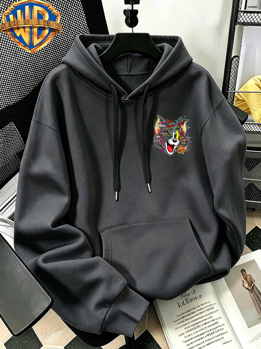 Autumn Winter Trendy Fashion Drawstring Pocket Hooded Men'S Sweatshirt, Multi-Color Graffiti Fun Cool Classic Mouse Cat Head Cartoon Print Design, Sporty Fashion Loose Hoodie, Casual Daily Wear, Trendy For, Suitable for Home And Outings, Unisex - Dark Gray